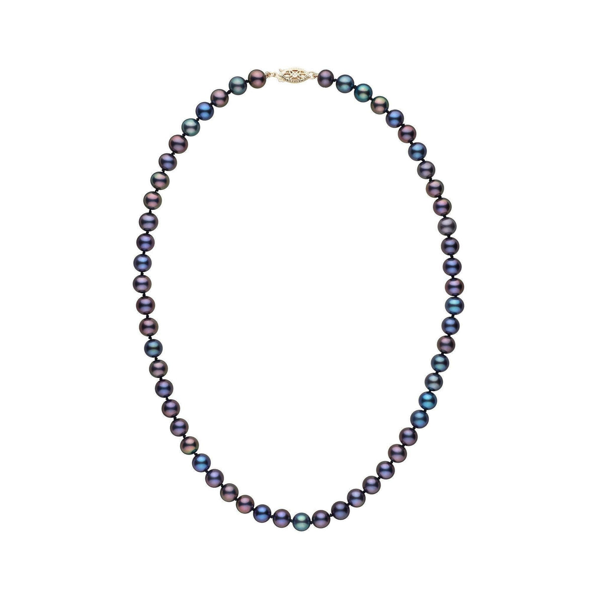 Elegant 6.5-7.0 mm AAA Black Freshwater Pearl Necklace featuring a strand of lustrous, multicolored black pearls with a decorative clasp, perfect for sophisticated style.