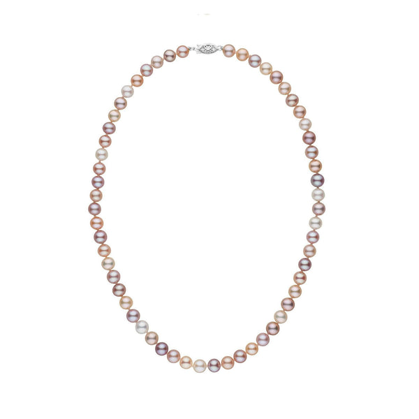 A multicolor freshwater pearl necklace with a white gold clasp, displayed against a white background.