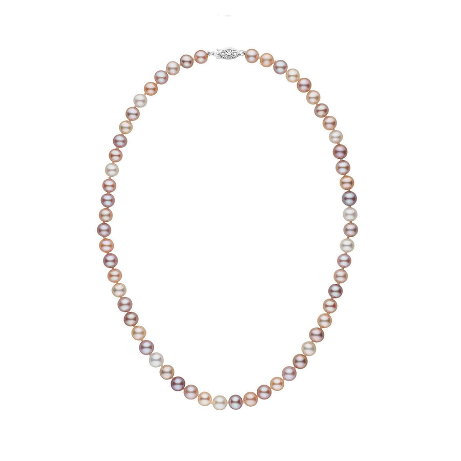 A multicolor freshwater pearl necklace with a white gold clasp, displayed against a white background.