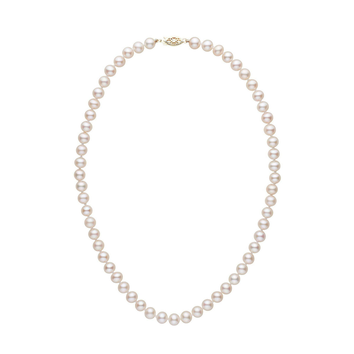 A classic 6.5-7.0 mm AAA White Freshwater Pearl Necklace featuring lustrous round pearls strung together with a decorative gold clasp, perfect for elegant occasions.