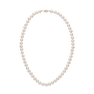 A classic 6.5-7.0 mm AAA White Freshwater Pearl Necklace featuring lustrous round pearls strung together with a decorative gold clasp, perfect for elegant occasions.