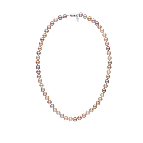 6.5-7.0 mm Multicolor Freshadama Freshwater Pearl Necklace featuring a strand of round pearls in soft pink, lavender, peach, and cream hues with a 14K white gold clasp.