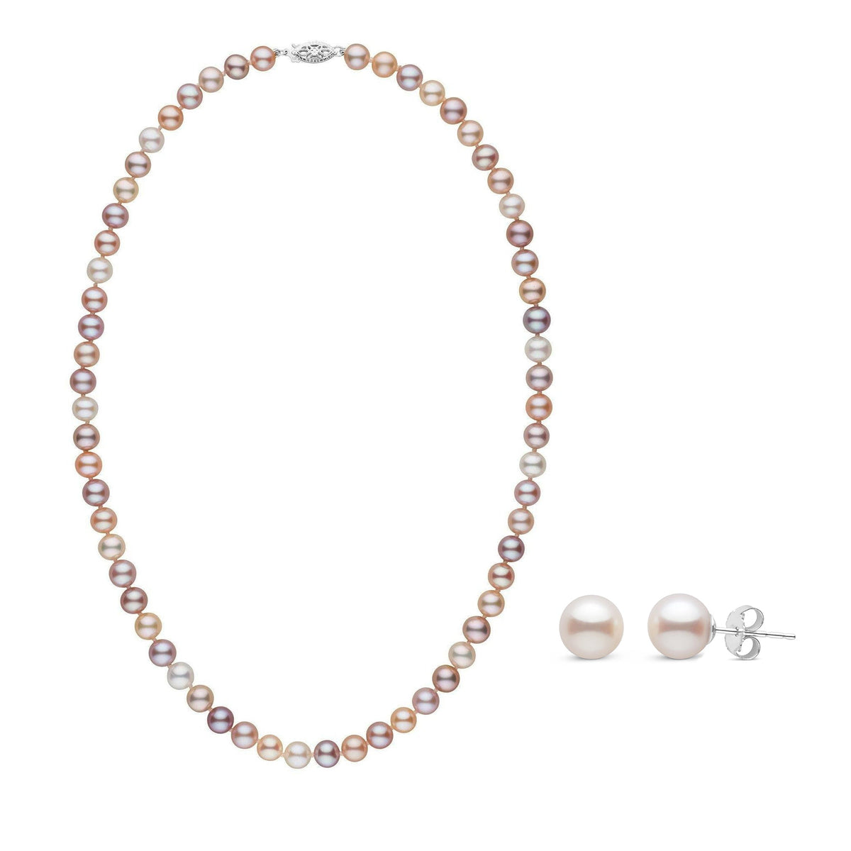 6.5-7.0 mm Multicolor AAA Freshwater Pearl Necklace and Stud Earring Set featuring a delicate strand of multicolored freshwater pearls with matching pearl stud earrings.