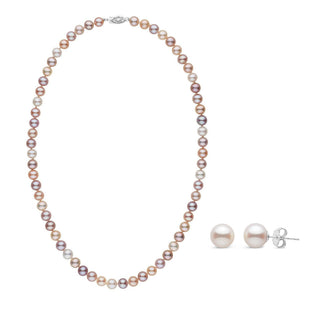 6.5-7.0 mm Multicolor AAA Freshwater Pearl Necklace and Stud Earring Set featuring a delicate strand of multicolored freshwater pearls with matching pearl stud earrings.