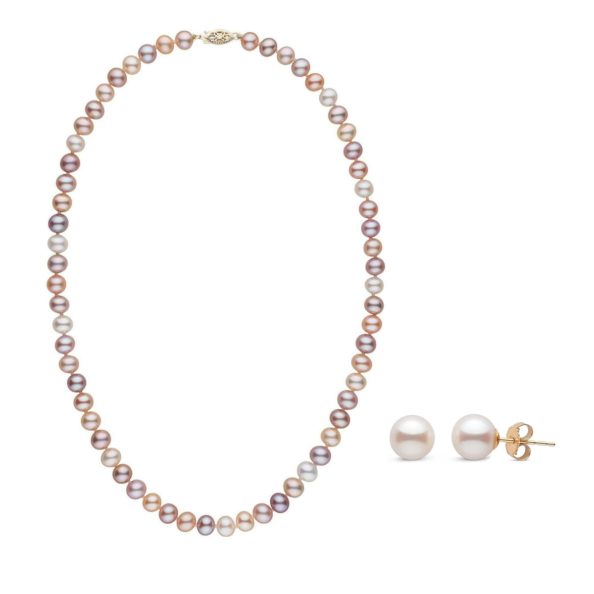 6.5-7.0 mm Multicolor AAA Freshwater Pearl Necklace and Stud Earring Set featuring lustrous round pearls in soft shades of white, pink, lavender, and peach with gold stud backs.