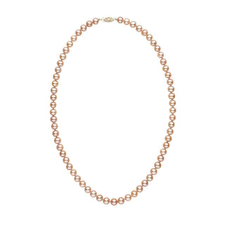 6.5-7.0 mm AAA Pink to Peach Freshwater Pearl Necklace featuring round, lustrous freshwater pearls in soft pink and peach hues with a decorative clasp.
