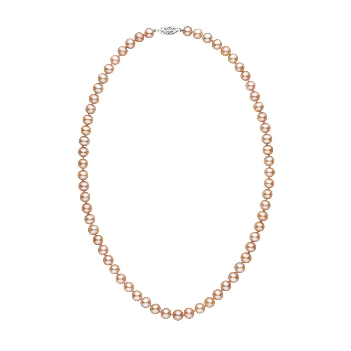 6.5-7.0 mm AAA Pink to Peach Freshwater Pearl Necklace featuring lustrous pink to peach freshwater pearls with a secure 14K white gold clasp, elegant and timeless fine pearl jewelry.