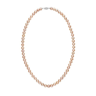 6.5-7.0 mm AAA Pink to Peach Freshwater Pearl Necklace featuring lustrous pink to peach freshwater pearls with a secure 14K white gold clasp, elegant and timeless fine pearl jewelry.