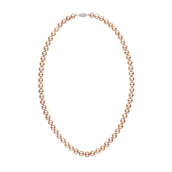 6.5-7.0 mm AAA Pink to Peach Freshwater Pearl Necklace featuring lustrous pink to peach freshwater pearls with a secure 14K white gold clasp, elegant and timeless fine pearl jewelry.