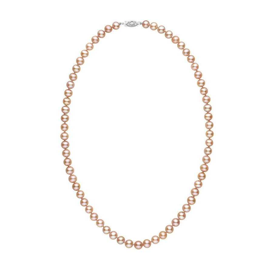 6.5-7.0 mm AAA Pink to Peach Freshwater Pearl Necklace featuring lustrous pink to peach freshwater pearls with a secure 14K white gold clasp, elegant and timeless fine pearl jewelry.