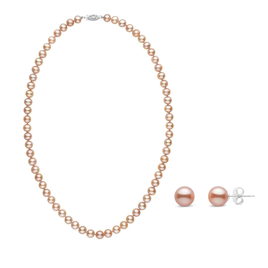 6.5-7.0 mm AAA Pink to Peach Freshwater Pearl Necklace and Stud Earring Set featuring a strand of lustrous round pink to peach freshwater pearls paired with matching pearl stud earrings.