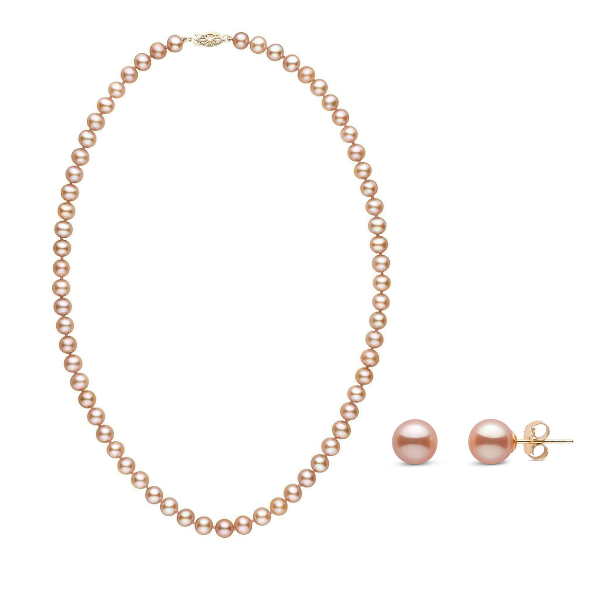 6.5-7.0 mm AAA Pink to Peach Freshwater Pearl Necklace and Stud Earring Set featuring round pink to peach freshwater pearls with a gold clasp and matching pearl stud earrings.