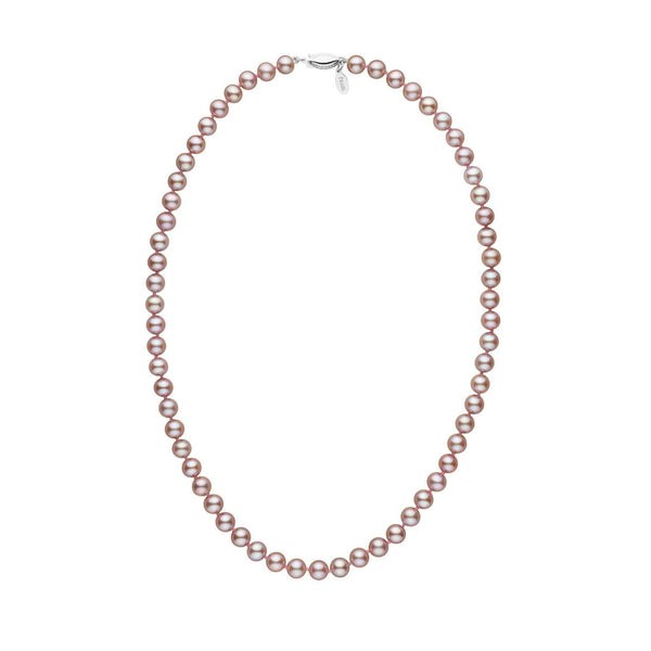 6.5-7.0 mm Lavender Freshadama Freshwater Pearl Necklace featuring a single strand of round lavender freshwater pearls with a 14K white gold clasp, elegant and timeless pearl jewelry.