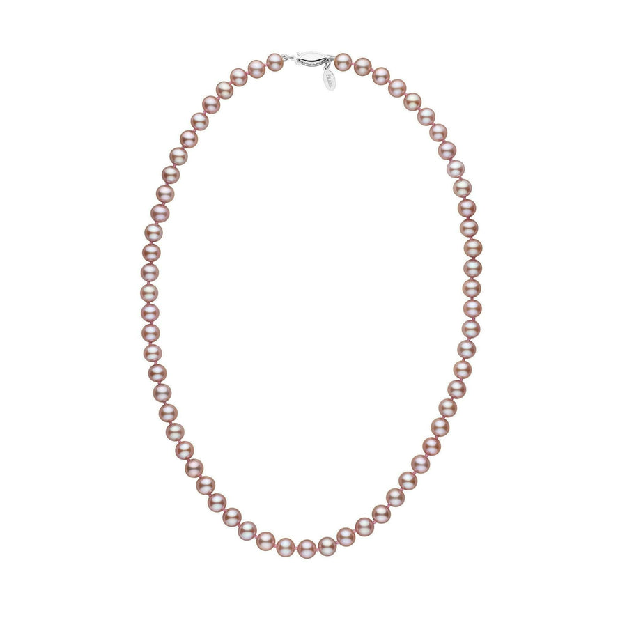 6.5-7.0 mm Lavender Freshadama Freshwater Pearl Necklace featuring a single strand of round lavender freshwater pearls with a 14K white gold clasp, elegant and timeless pearl jewelry.