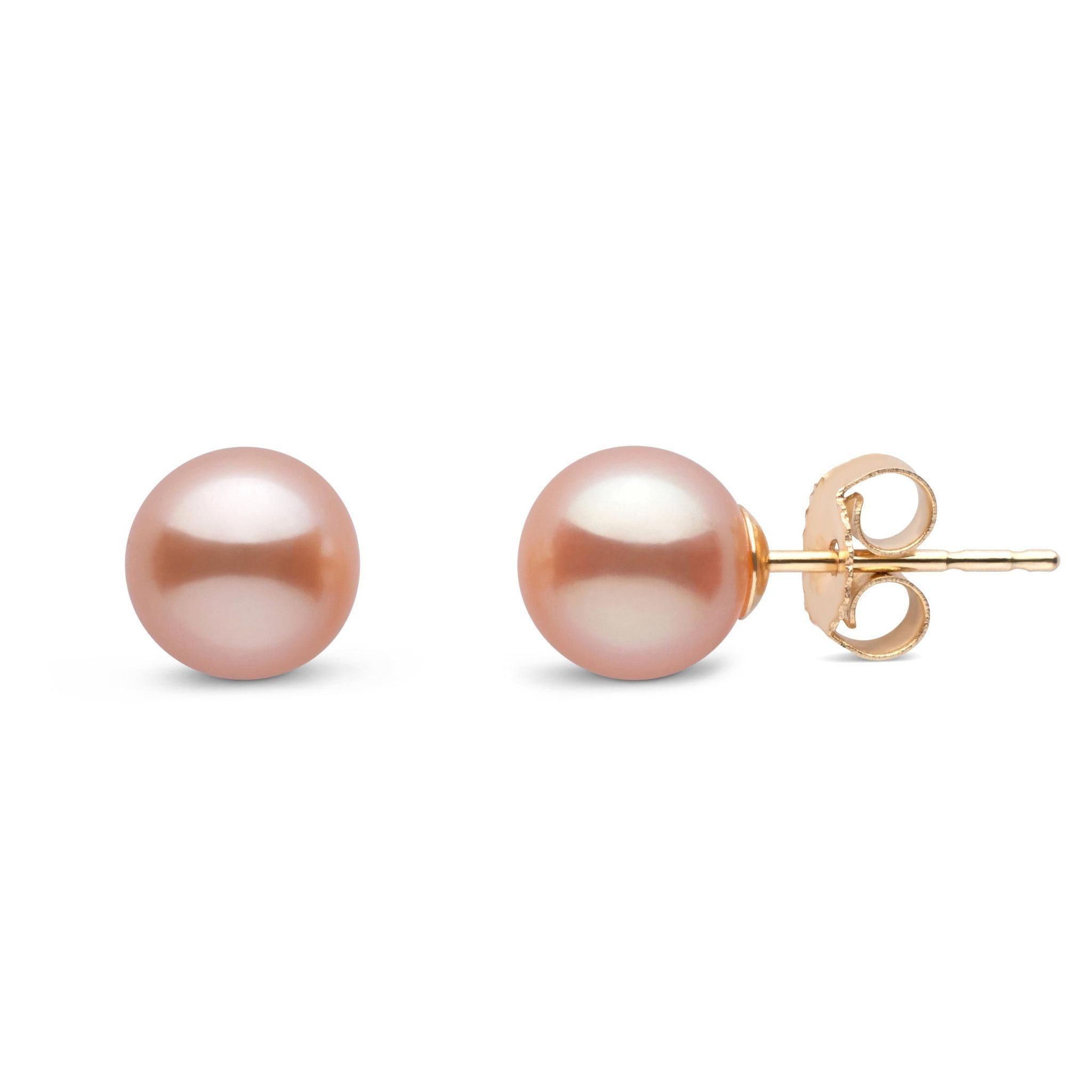 6.5-7.0 mm AAA Pink to Peach Freshwater Pearl Stud Earrings yellow gold