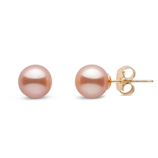 6.5-7.0 mm AAA Pink to Peach Freshwater Pearl Stud Earrings yellow gold