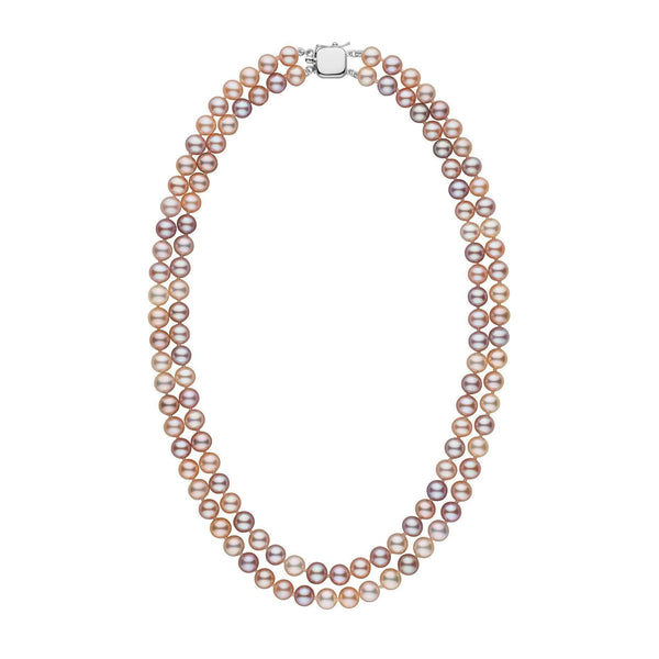 6.5-7.0 mm Double Strand AAA Multicolor Freshwater Pearl Necklace featuring lustrous pearls in soft shades of lavender, pink, and cream with a secure 14K white gold clasp.