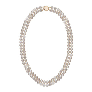 6.5-7.0 mm Double Strand AAA White Freshwater Pearl Necklace featuring two strands of lustrous white pearls with a gold clasp, a classic and elegant freshwater pearl necklace.