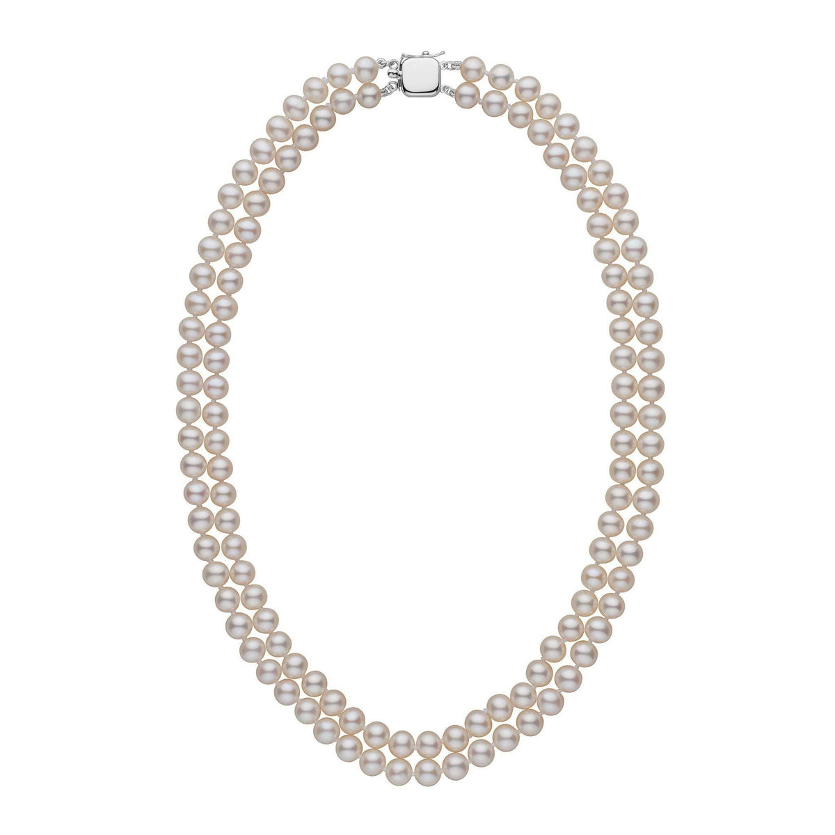 6.5-7.0 mm Double Strand AAA White Freshwater Pearl Necklace featuring two strands of lustrous white pearls with a sleek silver clasp, elegant and timeless design.