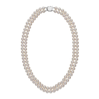 6.5-7.0 mm Double Strand AAA White Freshwater Pearl Necklace featuring two strands of lustrous white pearls with a sleek silver clasp, elegant and timeless design.