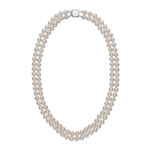 6.5-7.0 mm Double Strand AAA White Freshwater Pearl Necklace featuring two strands of lustrous white pearls with a sleek silver clasp, elegant and timeless design.