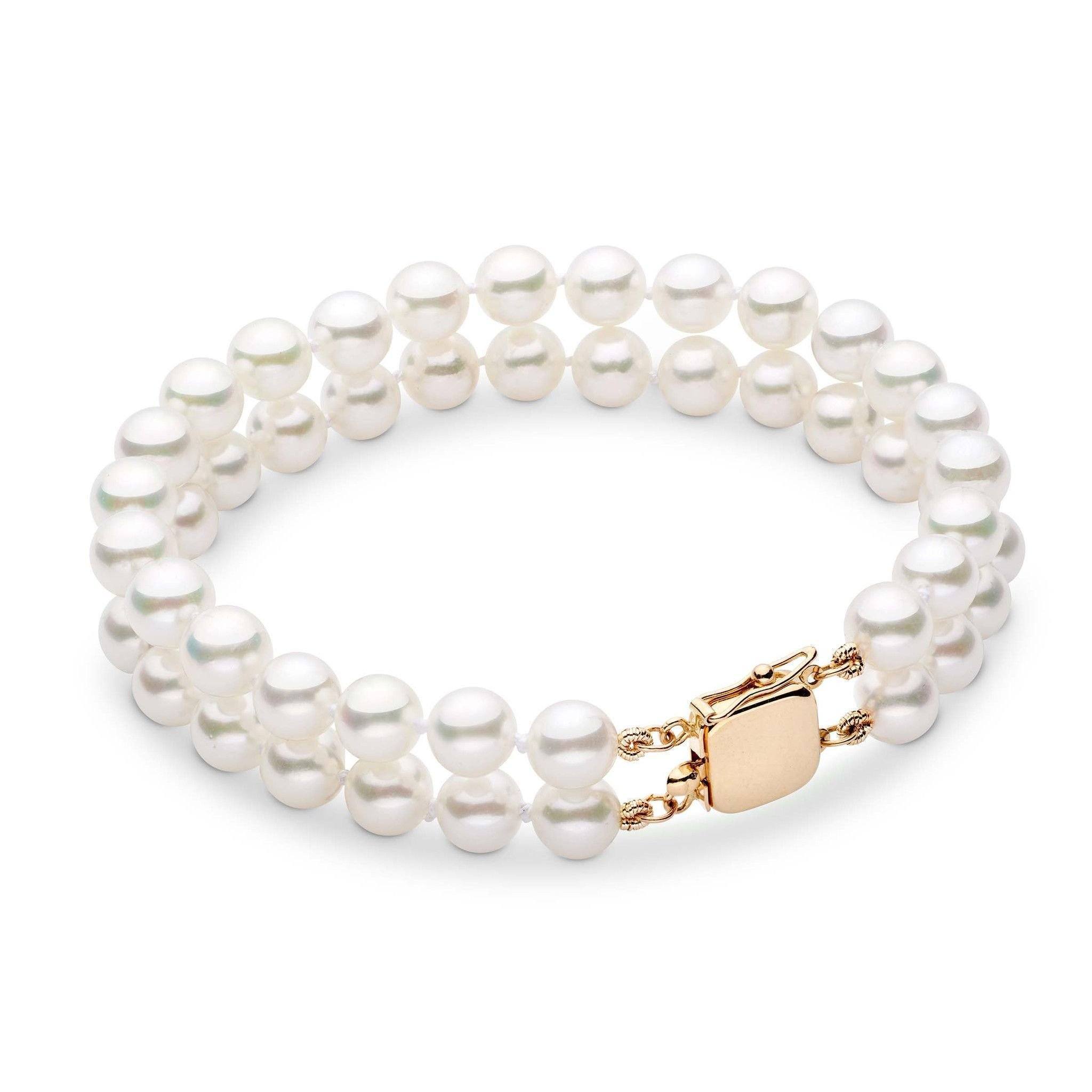 Products 6.5-7.0 mm Double Strand White Akoya AAA Pearl Bracelet  Yellow gold clasp