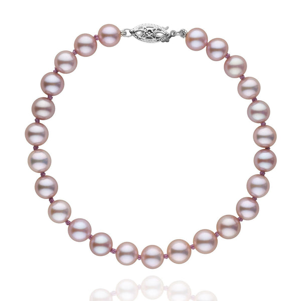 6.5-7.0 mm AAA Lavender Freshwater Pearl Bracelet featuring lustrous lavender pearls with a secure 14K white gold clasp, perfect for elegant everyday wear or special occasions.