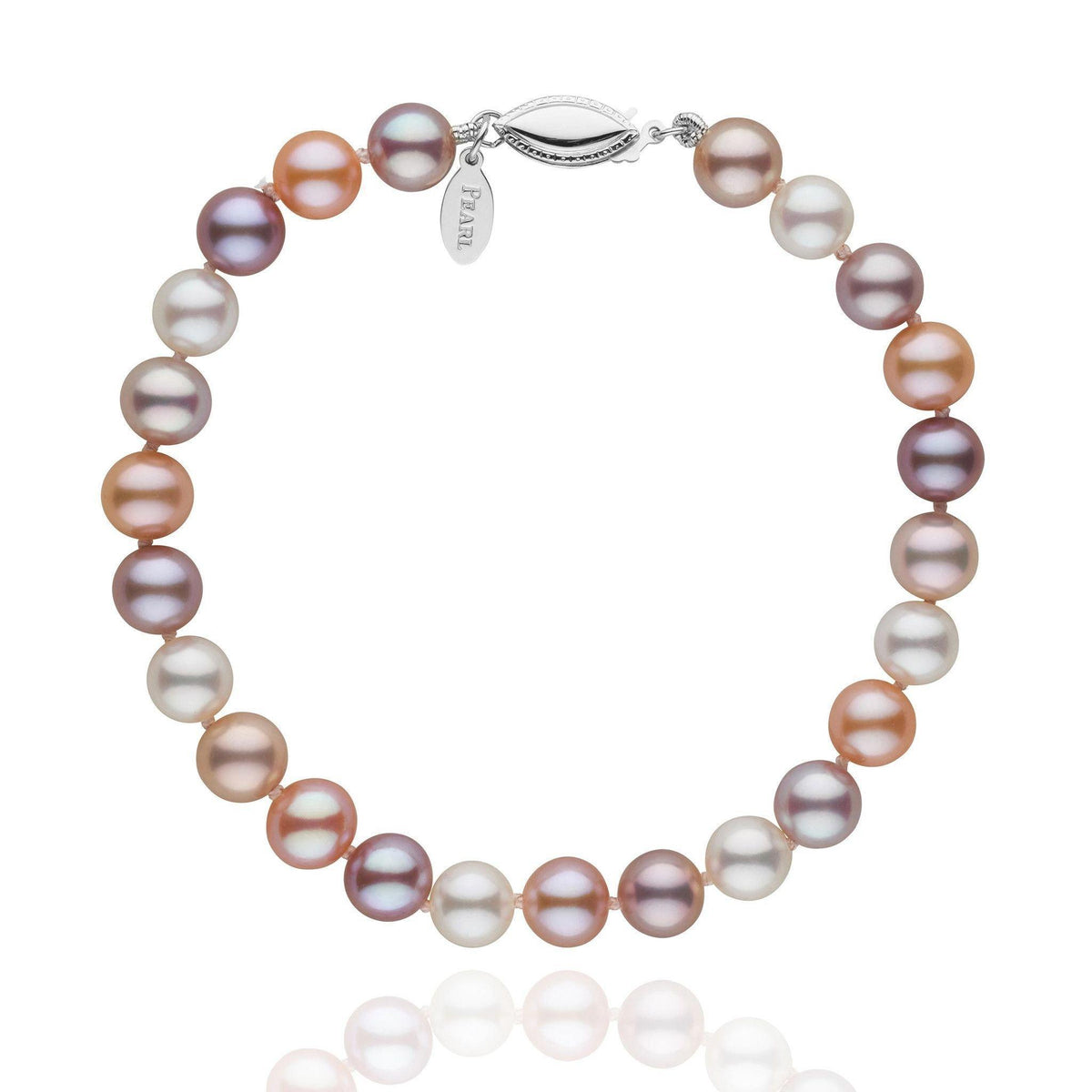 A multicolor Freshadama pearl bracelet with a gold clasp, showcasing a variety of pastel colors including pink and lavender.