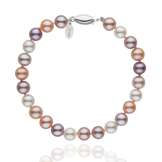 A multicolor Freshadama pearl bracelet with a gold clasp, showcasing a variety of pastel colors including pink and lavender.