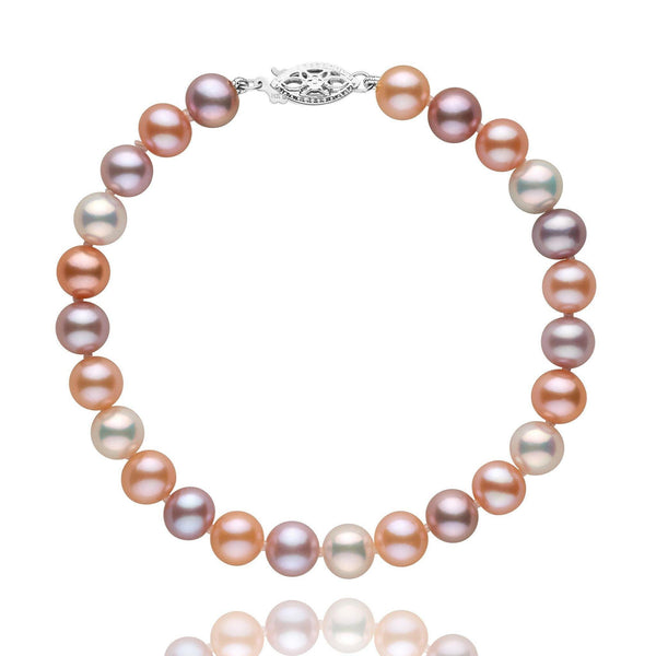 6.5-7.0 mm Multicolor Freshwater AA+ Pearl Bracelet featuring round pearls in soft pink, lavender, peach, and white hues with a 14K white gold clasp, elegant and timeless design.