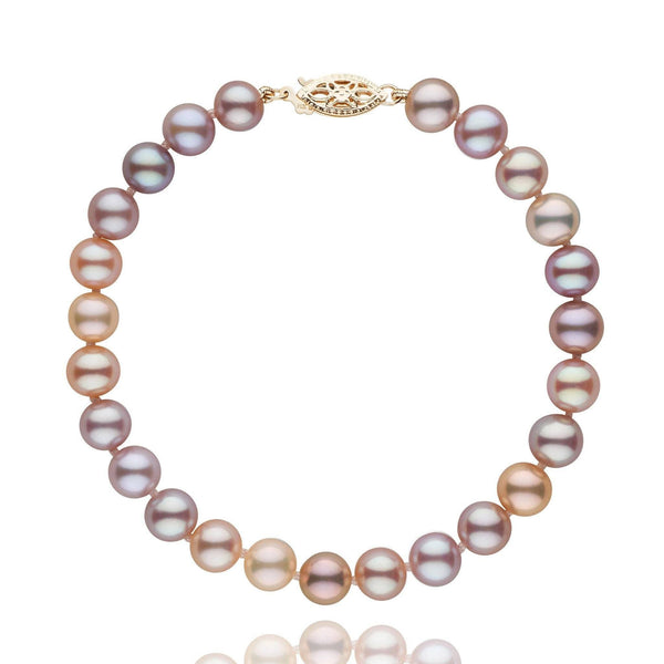 6.5-7.0 mm Multicolor Freshwater AAA Pearl Bracelet featuring round pearls in soft shades of lavender, pink, and peach with an elegant gold clasp, showcasing fine cultured pearls.