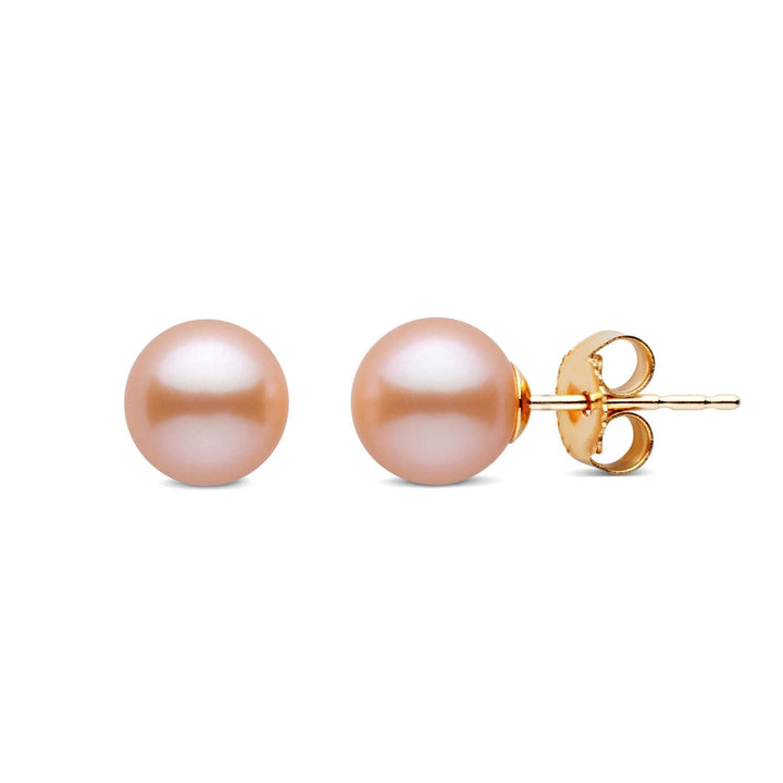 6.5-7.0 mm Pink to Peach Freshadama Freshwater Pearl Stud Earrings Yellow Gold