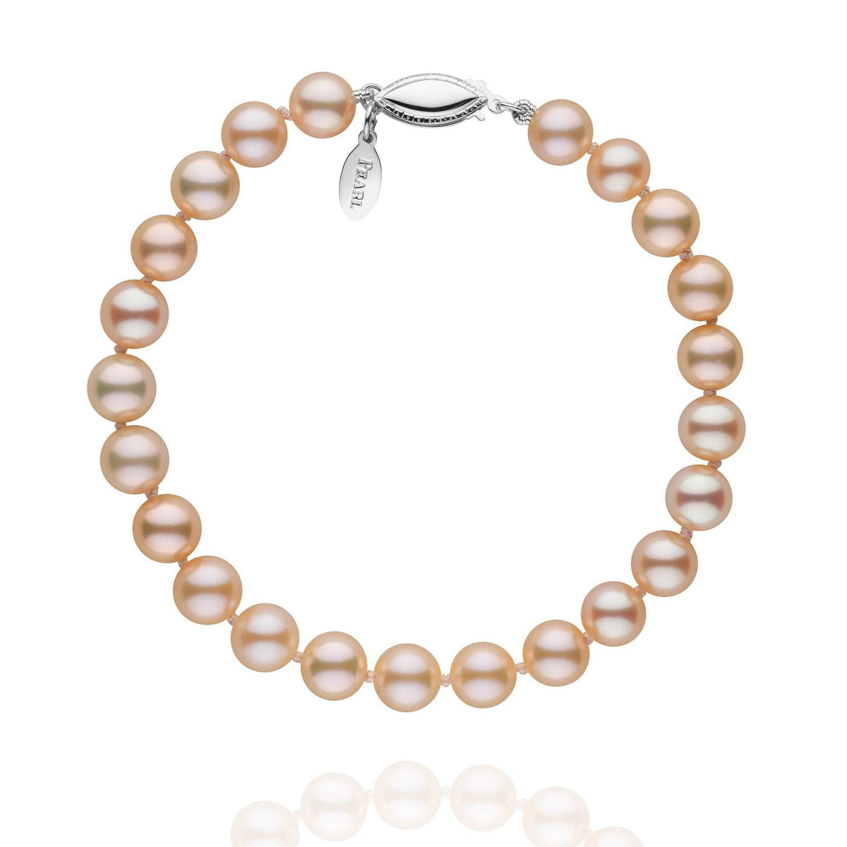 A bracelet composed of pink to peach pastel-colored freshwater pearls with a gold clasp.
