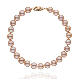 6.5-7.0 mm AAA Pink to Peach Freshwater Pearl Bracelet featuring lustrous round pearls with a soft gradient from pink to peach and a decorative clasp.