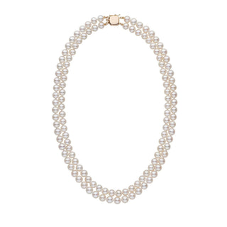 6.5-7.0 mm White Freshadama Freshwater Pearl Double Strand Necklace featuring two strands of lustrous white freshwater pearls with a gold clasp, elegant and timeless pearl necklace design.