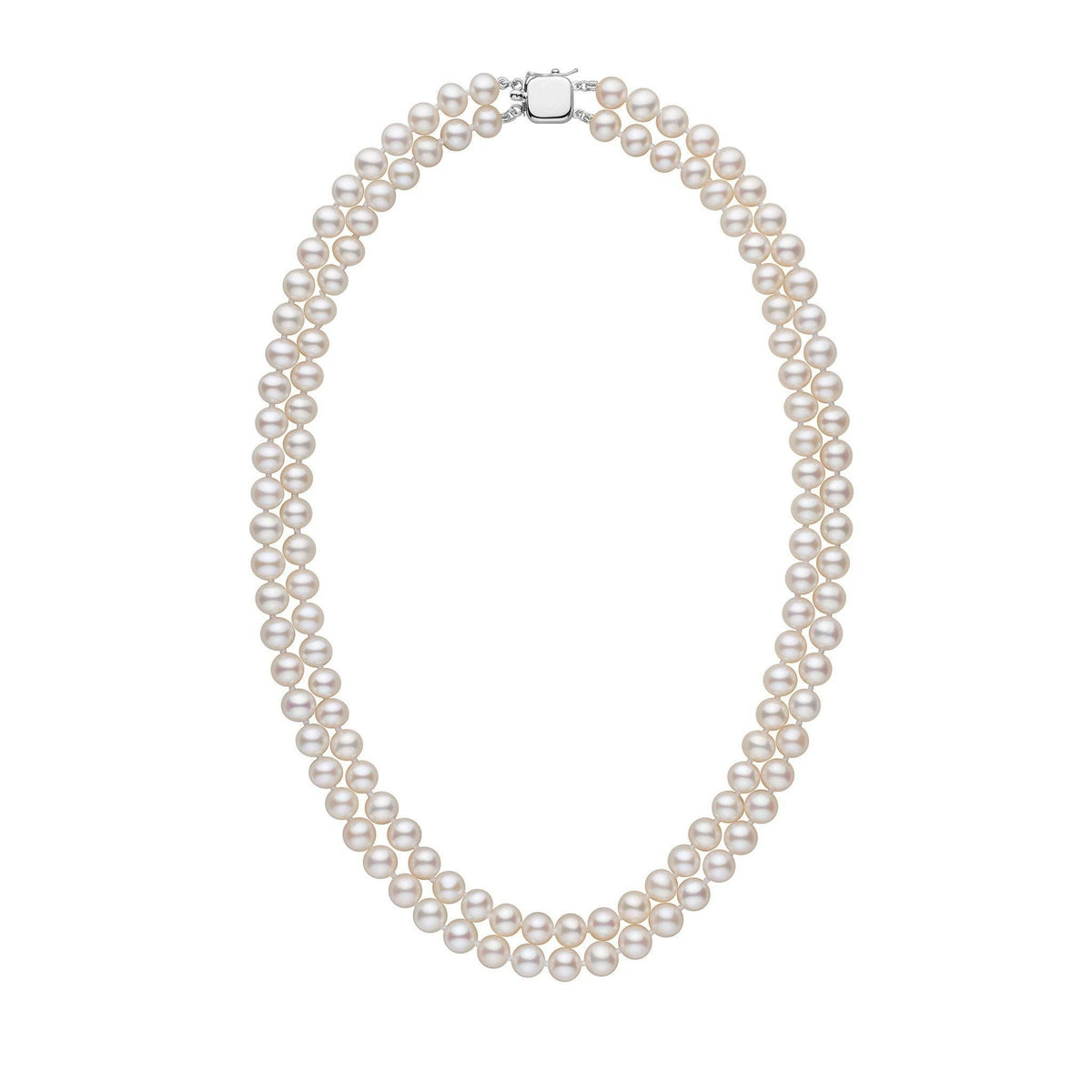 6.5-7.0 mm White Freshadama Freshwater Pearl Double Strand Necklace featuring two elegant strands of round white freshwater pearls with a secure clasp, perfect for refined occasions.