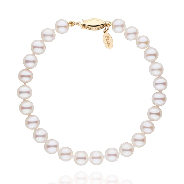 6.0-7.0 mm White Freshadama Pearl Bracelet featuring lustrous round white freshwater pearls with a gold clasp, perfect for elegant and timeless style.