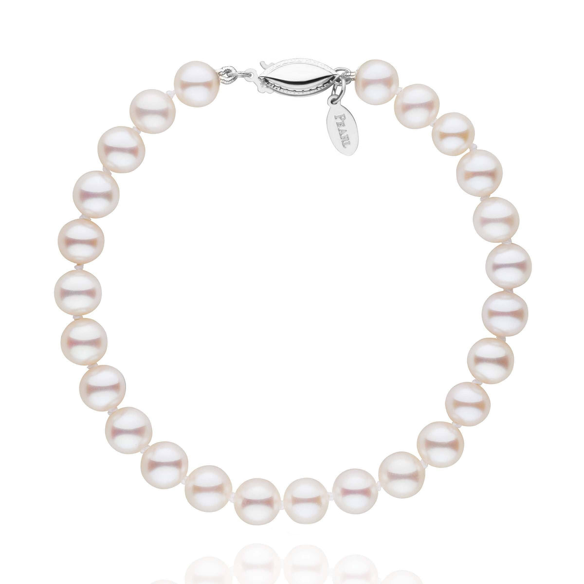 6.0-7.0 mm White Freshadama Pearl Bracelet featuring round, lustrous white freshwater pearls with a 14K white gold clasp, showcasing a classic and elegant pearl bracelet design.