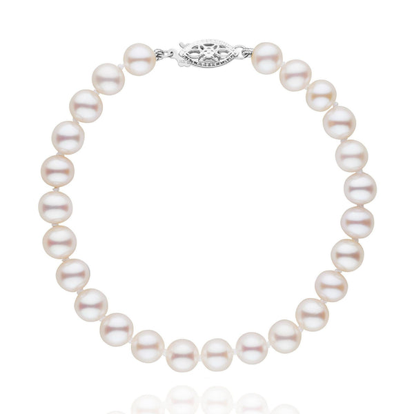 6.5-7.0 mm AAA White Freshwater Pearl Bracelet featuring lustrous white pearls strung together with a decorative 14K white gold clasp, showcasing classic elegance and timeless beauty.