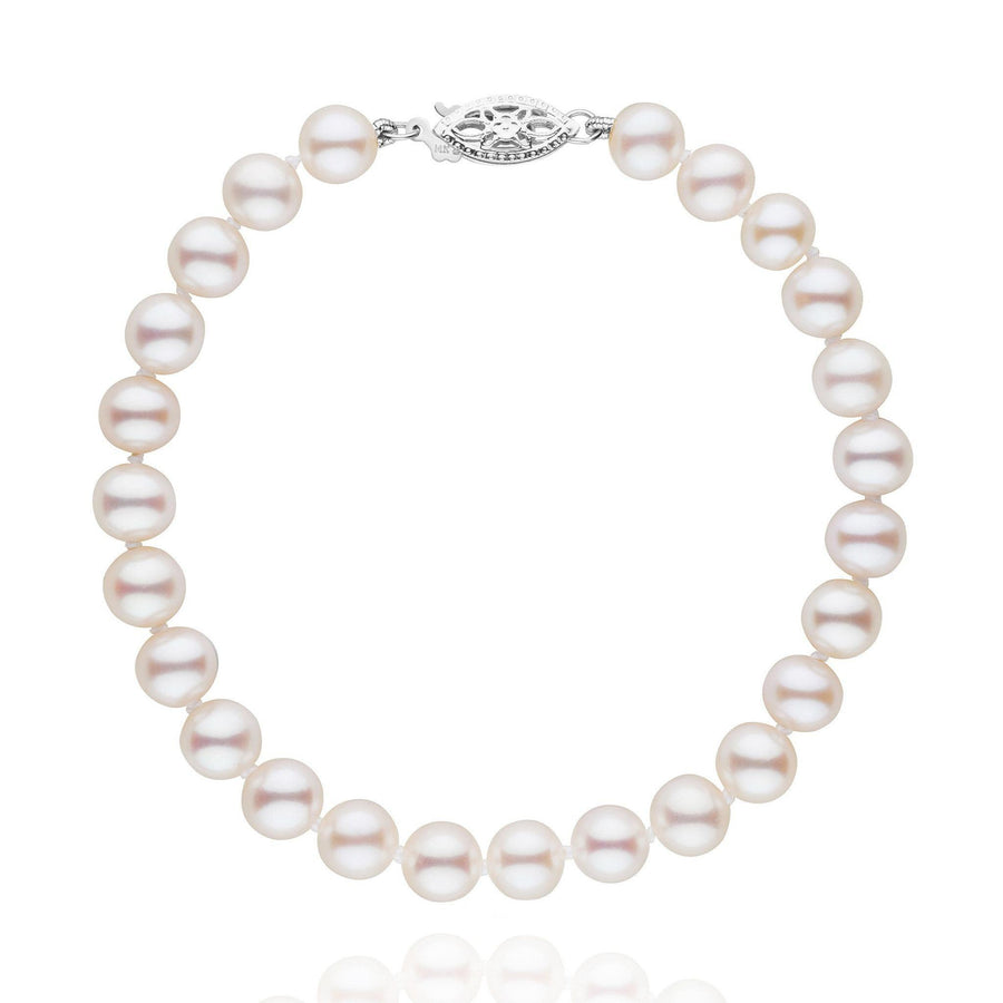 6.5-7.0 mm AAA White Freshwater Pearl Bracelet featuring lustrous white pearls strung together with a decorative 14K white gold clasp, showcasing classic elegance and timeless beauty.