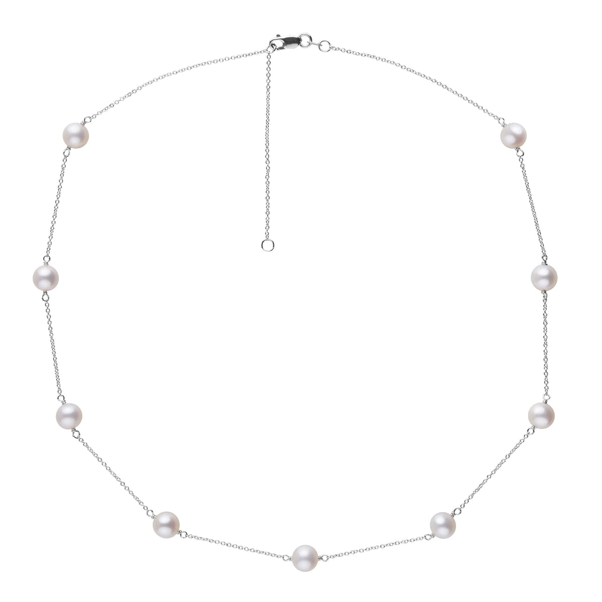 A white Freshadama pearl tin cup necklace with white gold chain, displayed on a plain background.