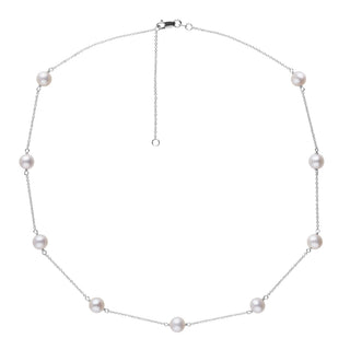 A white Freshadama pearl tin cup necklace with white gold chain, displayed on a plain background.