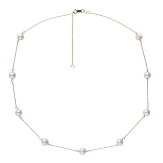 A white Freshadama pearl tin cup necklace with gold chain, displayed on a plain background.