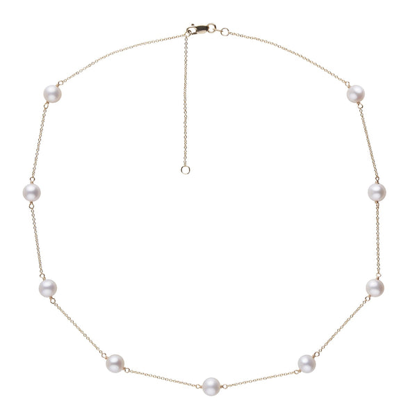 A white Freshadama pearl tin cup necklace with gold chain, displayed on a plain background.