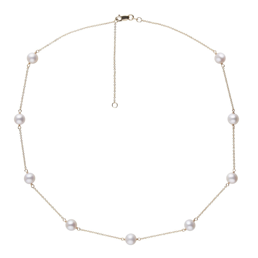 A white Freshadama pearl tin cup necklace with gold chain, displayed on a plain background.