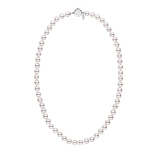 Personalized 18 Inch 7.0-7.5 mm Hanadama Akoya Pearl Circle Clasp Necklace featuring lustrous white akoya pearls with a polished 14K white gold circle clasp for an elegant finish.