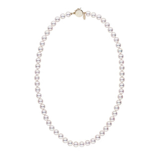 Personalized 18 Inch 7.0-7.5 mm Hanadama Akoya Pearl Circle Clasp Necklace featuring lustrous white cultured pearls with a secure gold circle clasp for elegant wear.