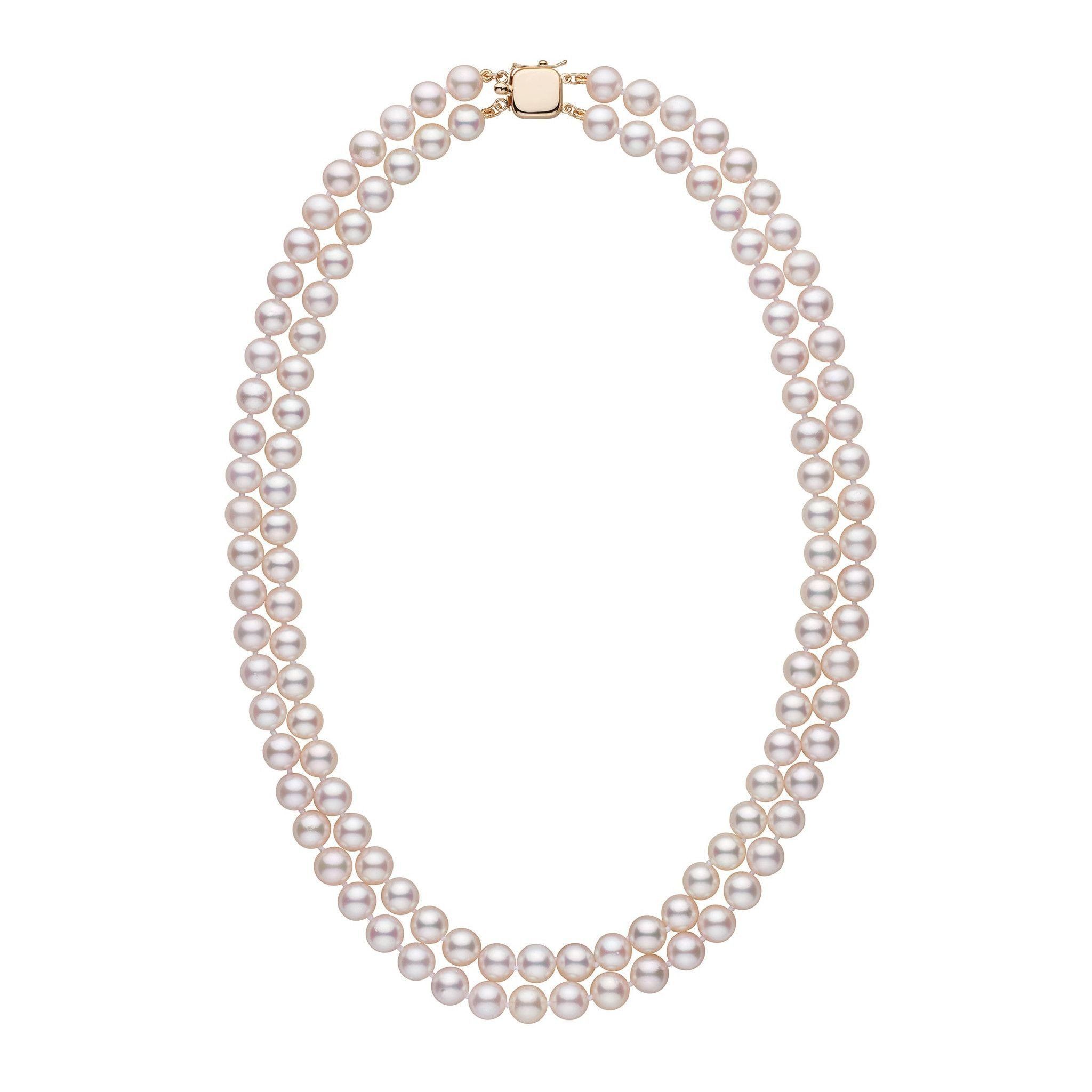 7.0-7.5 mm 18-inch AAA Double-Strand White Akoya Pearl Necklace Yellow Gold