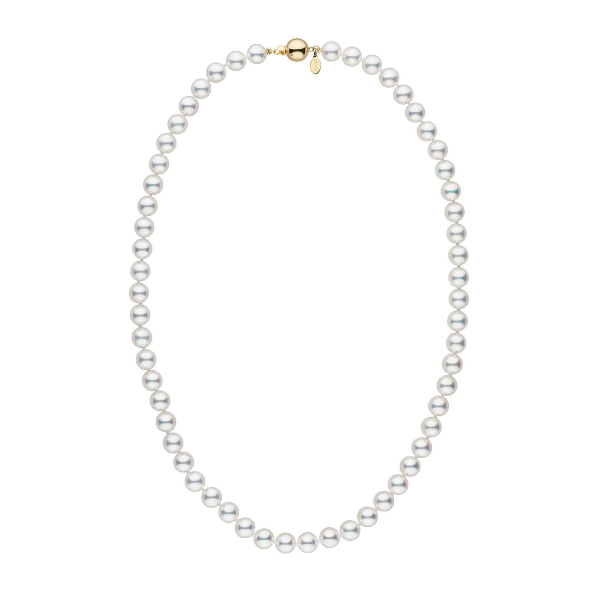 7.0-7.5 mm 18 Inch Natural White Hanadama Akoya Pearl Necklace featuring lustrous white akoya pearls with a gold clasp, elegant and classic pearl strand jewelry design.