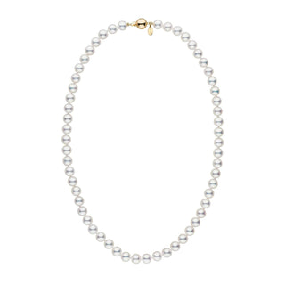 7.0-7.5 mm 18 Inch Natural White Hanadama Akoya Pearl Necklace featuring lustrous white akoya pearls with a gold clasp, elegant and classic pearl strand jewelry design.